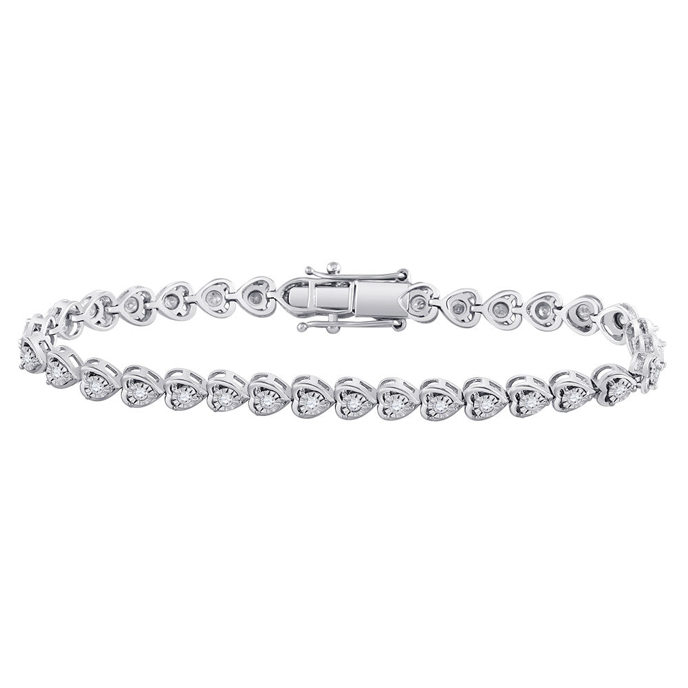 Sterling Silver Womens Round Diamond Heart Tennis Bracelet 1 Cttw, Length: 7.09 In, Width: 0.21 In