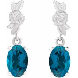 14K White Gold Oval 8 X 6 Mm Natural London Blue Topaz Floral Dangle Earrings