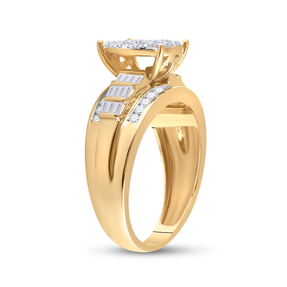 10K Yellow Gold Round Diamond Cluster Bridal Wedding Engagement Ring 1 Cttw, Womens Size: 5-10