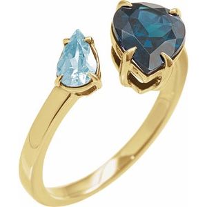 14K Yellow Gold Pear 10 X 7 Mm Polished Natural London Blue Topaz And Natural Sky Blue Topaz 2-Stone Ring Size 7