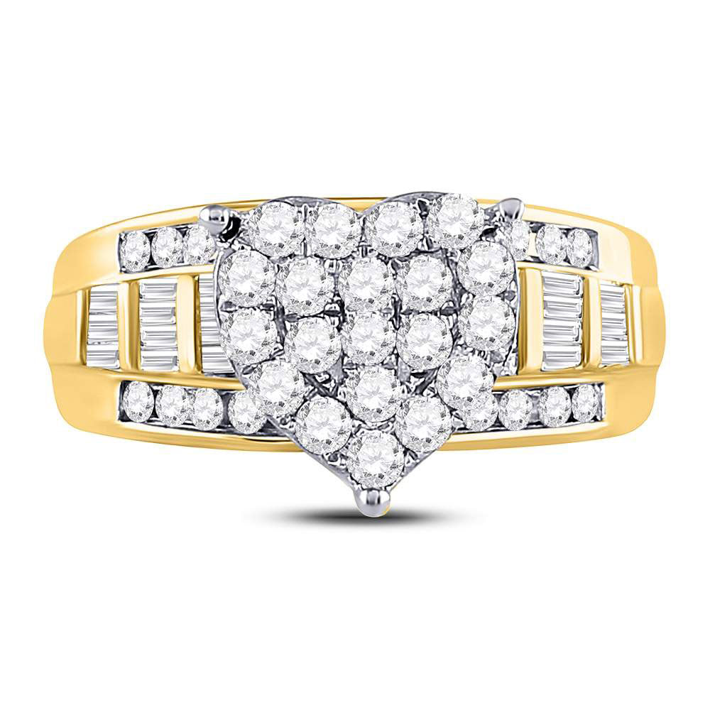 10K Yellow Gold Round Diamond Heart Cluster Bridal Wedding Engagement Ring 1 Cttw, Womens Size: 5-10