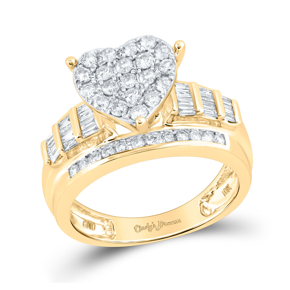 10K Yellow Gold Round Diamond Heart Cluster Bridal Wedding Engagement Ring 1 Cttw, Womens Size: 5-10