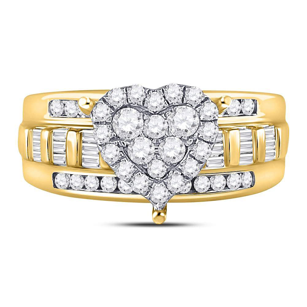 10K Yellow Gold Round Diamond Heart Cluster Bridal Wedding Engagement Ring 1 Cttw, Womens Size: 5-10