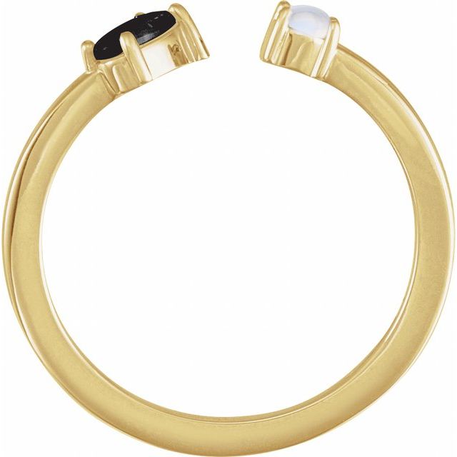 14K Yellow Gold Oval 5 X 3 Mm Polished Natural Onyx And Natural Blue Sheen Moonstone 2-Stone Negative Space Ring, Size 7