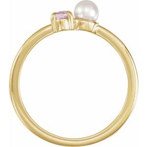 14K Yellow Gold Oval 5 X 3 Mm Cultured White Akoya Pearl Polished Natural Pink Morganite And Cultured White Akoya Pearl Ring Size 7