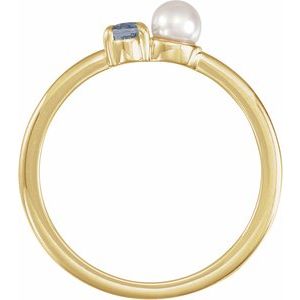 14K Yellow Gold Oval 5 X 3 Mm Cultured White Akoya Pearl Polished Natural Grey Spinel And Cultured White Akoya Pearl Ring Size 7