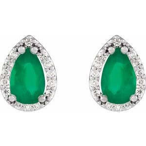 14K White Gold Pear 6 X 4 Mm Lab-Grown Emerald And 1/10 Ctw Natural Diamond Halo-Style Basket Earrings