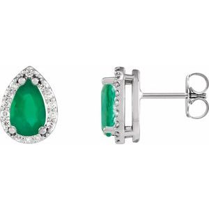 14K White Gold Pear 6 X 4 Mm Lab-Grown Emerald And 1/10 Ctw Natural Diamond Halo-Style Basket Earrings