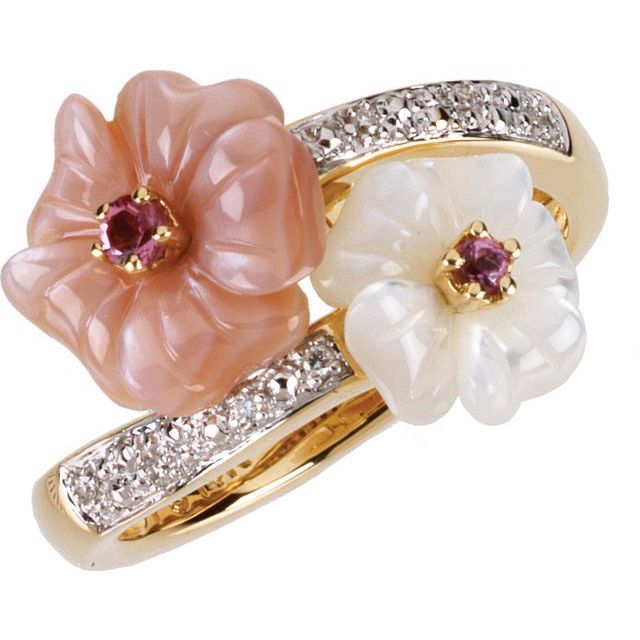 14K Yellow Gold Round 2.25 Mm Polished Natural Pink Tourmaline, Mother Of Pearl And .04 Ctw Natural Diamond Ring, Size 7