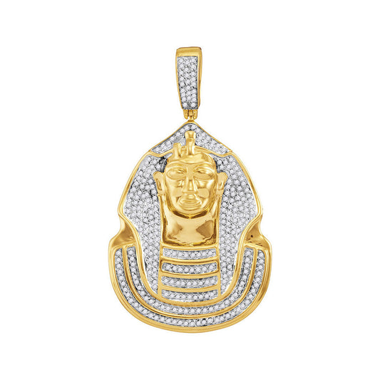 10K Yellow Gold Mens Round Diamond Pharaoh Cluster Charm Pendant 7/8 Cttw, Length: 2.05 In, Width: 1.16 In
