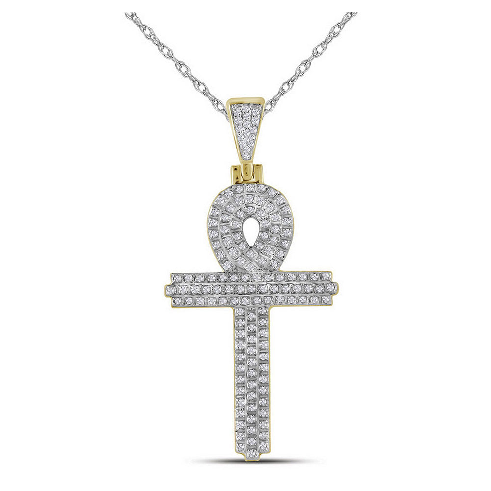 10K Yellow Gold Mens Round Diamond Ankh Cross Religious Charm Pendant 3/8 Cttw, Length: 1.88 In, Width: 0.93 In
