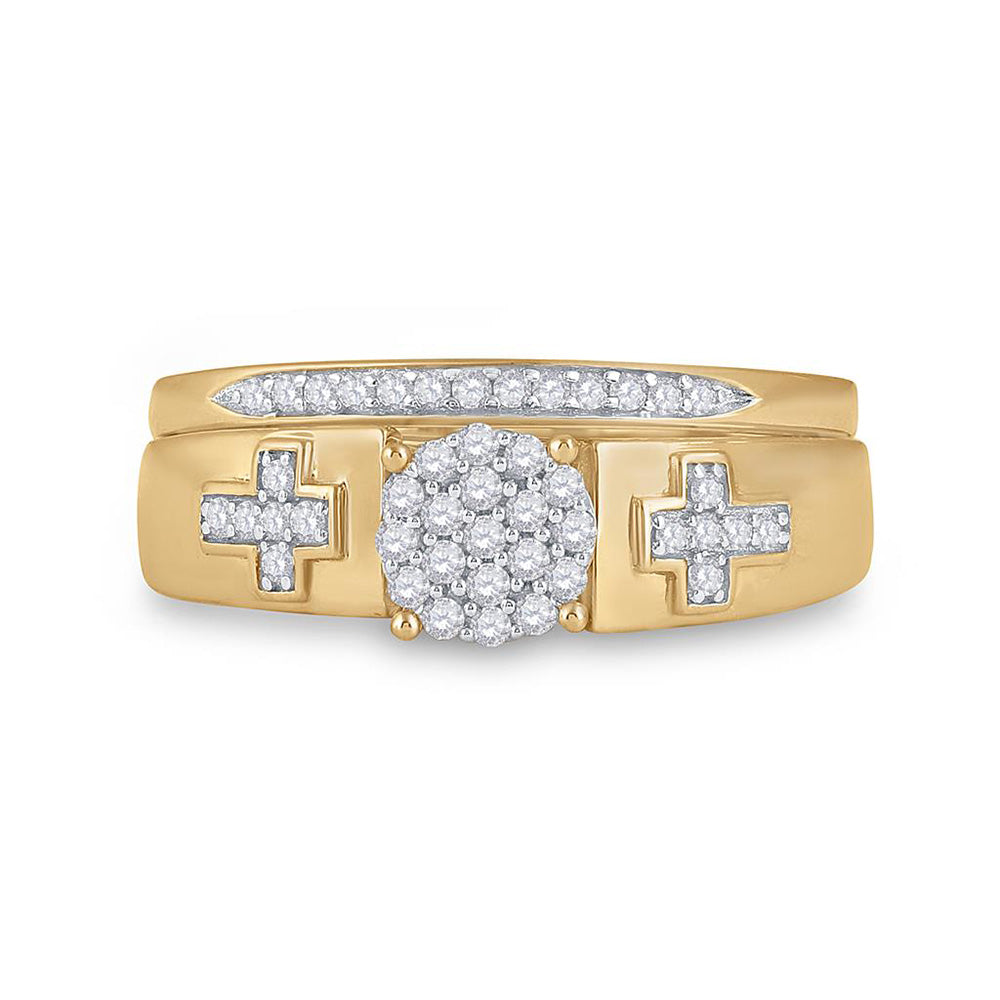 10K Yellow Gold Diamond Cluster Cross Bridal Wedding Ring Band Set 1/4 Cttw, Womens Size: 5-10