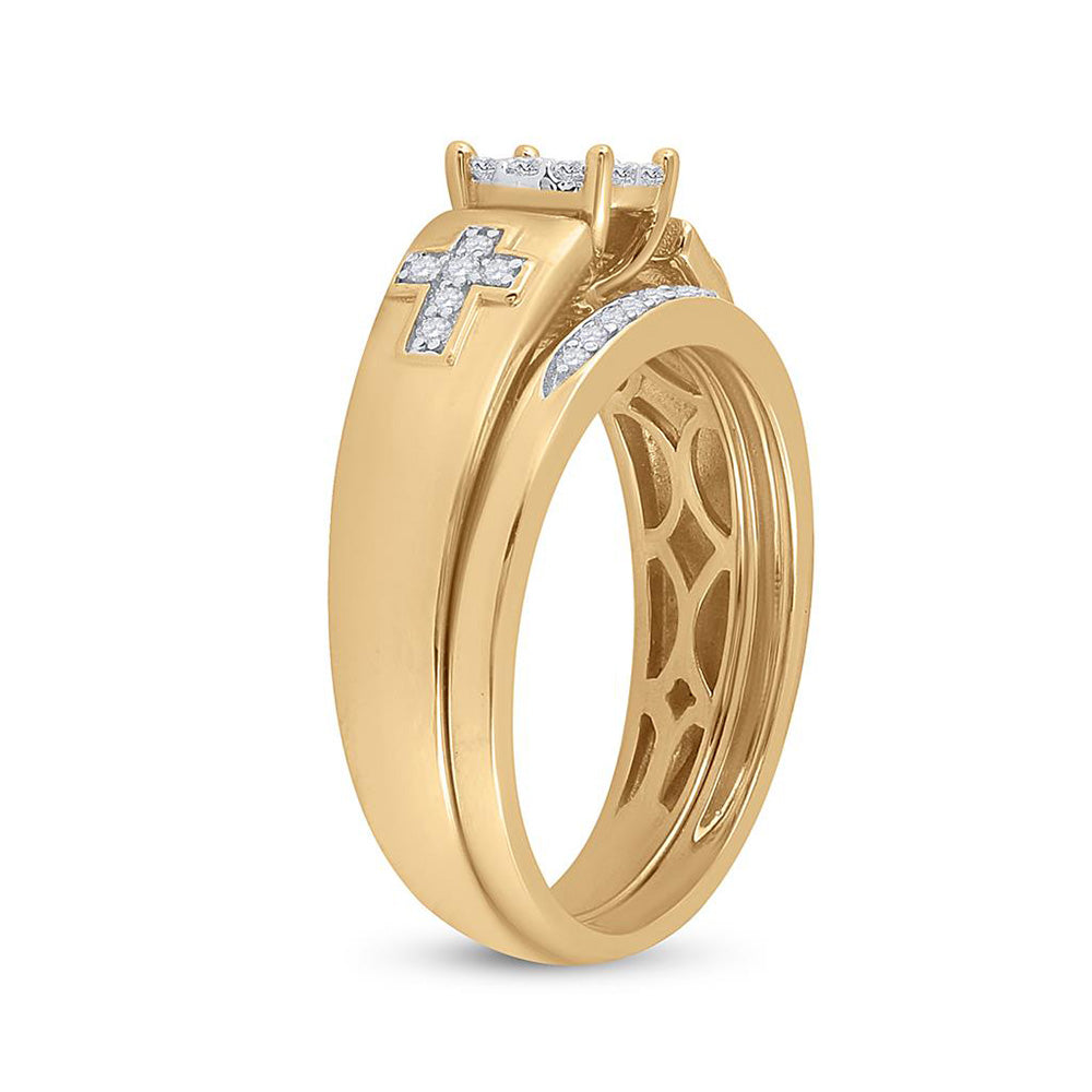 10K Yellow Gold Diamond Cluster Cross Bridal Wedding Ring Band Set 1/4 Cttw, Womens Size: 5-10