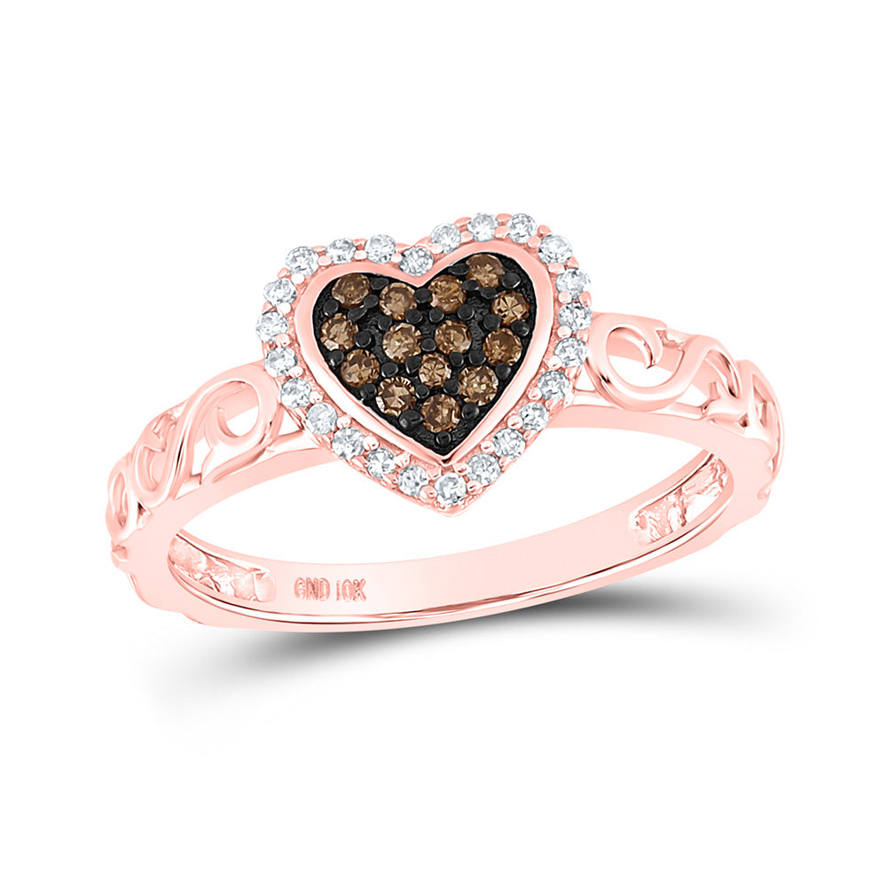 10K Rose Gold Womens Round Brown Diamond Heart Ring 1/4 Cttw, Womens Size: 5-10