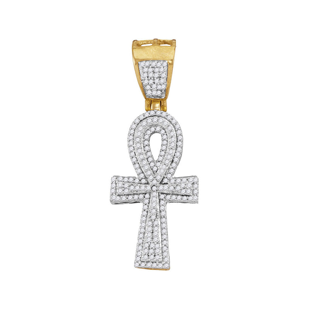 10K Yellow Gold Mens Round Diamond Ankh Cross Charm Pendant 1/2 Cttw, Length: 1.53 In, Width: 0.57 In