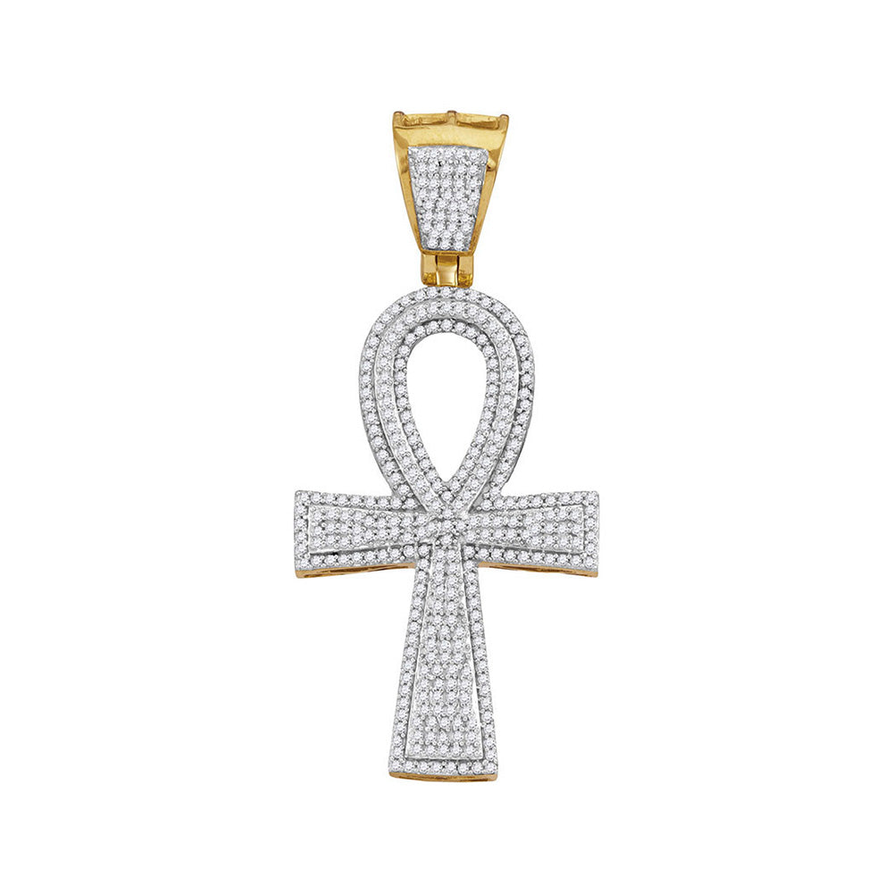 10K Yellow Gold Mens Round Diamond Ankh Cross Charm Pendant 1 Cttw, Length: 2.05 In, Width: 0.92 In
