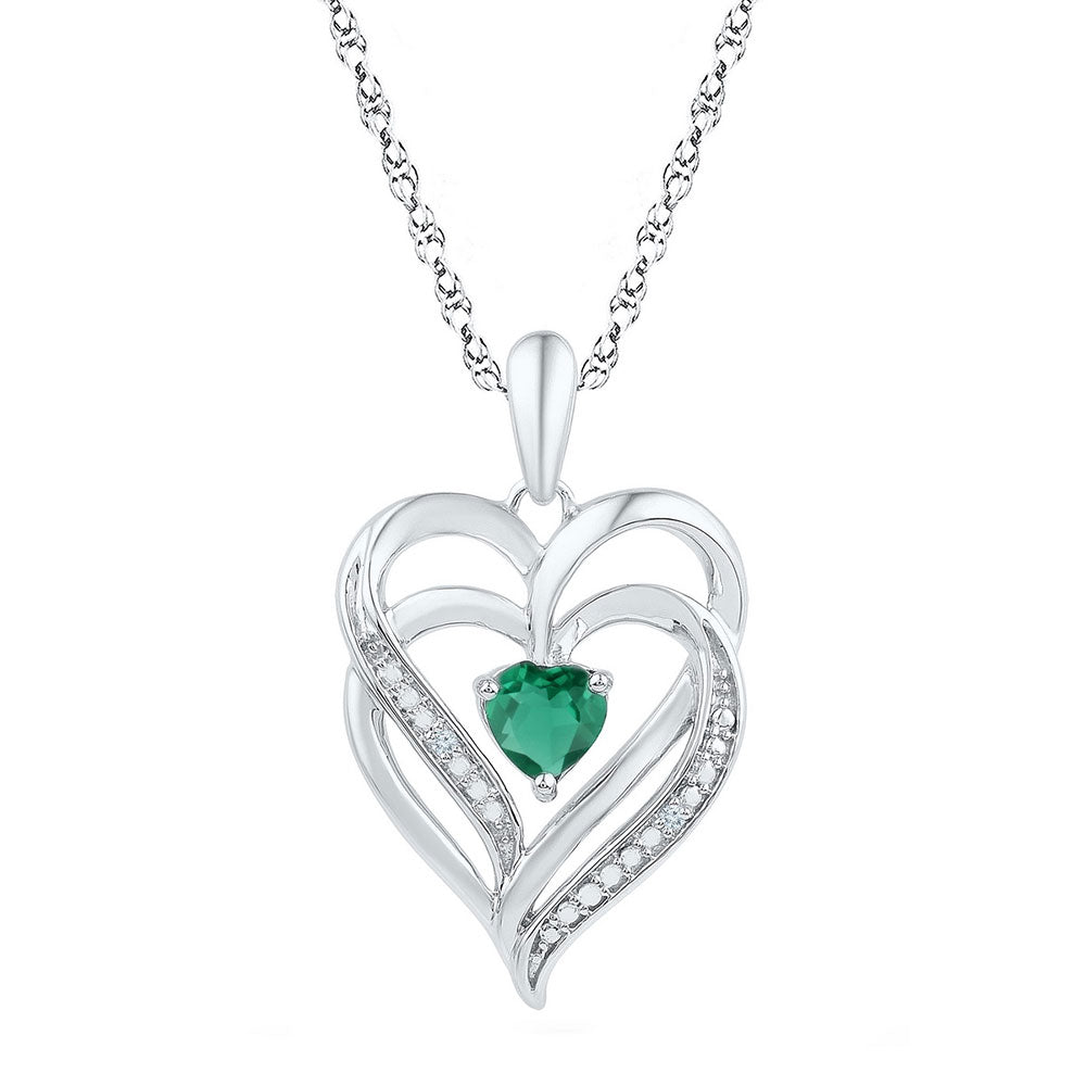 Sterling Silver Womens Round Synthetic Emerald Heart Pendant 5/8 Cttw, Width: 0.63 In