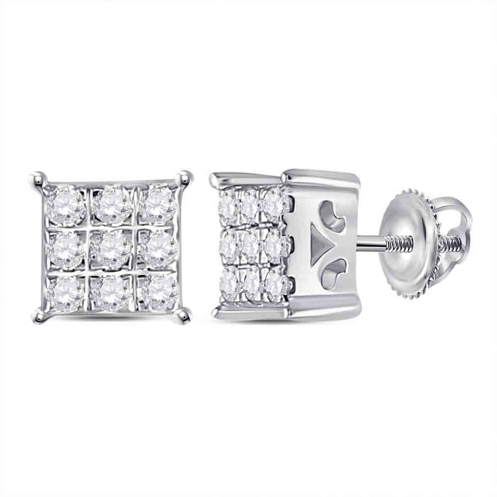 10K White Gold Womens Round Diamond Square Cluster Earrings 1/6 Cttw