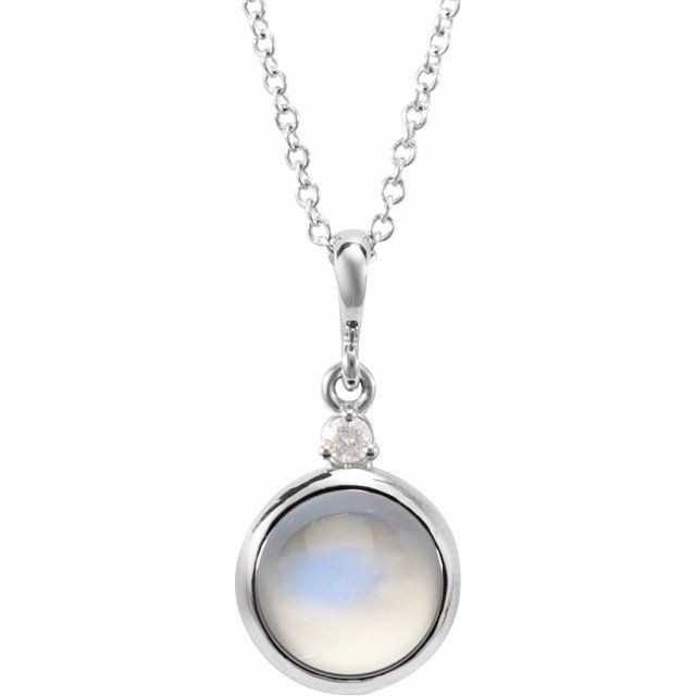 14K White Gold Round 8Mm I1, G-H 16-18 In Polished Natural Rainbow Moonstone And .03 Ct Natural Diamond Cabochon Bezel-Set Necklace