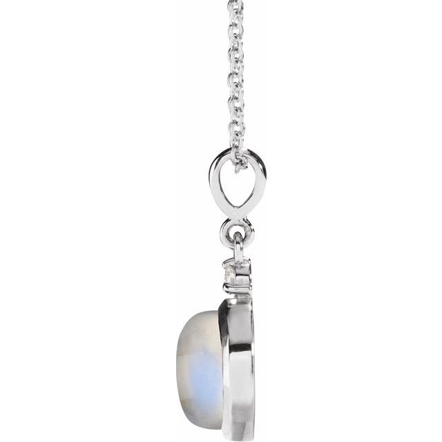 14K White Gold Round 8Mm I1, G-H 16-18 In Polished Natural Rainbow Moonstone And .03 Ct Natural Diamond Cabochon Bezel-Set Necklace