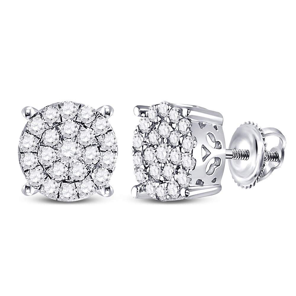 10K White Gold Womens Round Diamond Cluster Earrings 1 Cttw, Length: 0.37 In, Width: 0.37 In