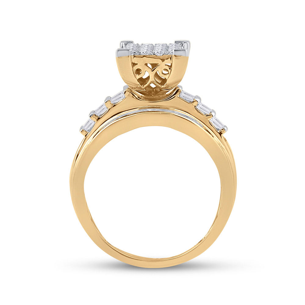10K Yellow Gold Round Diamond Cluster Bridal Wedding Engagement Ring 1 Cttw, Womens Size: 5-10
