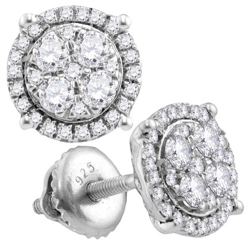 10K White Gold Womens Round Diamond Cluster Earrings 1 Cttw, Length: 0.36 In, Width: 0.36 In