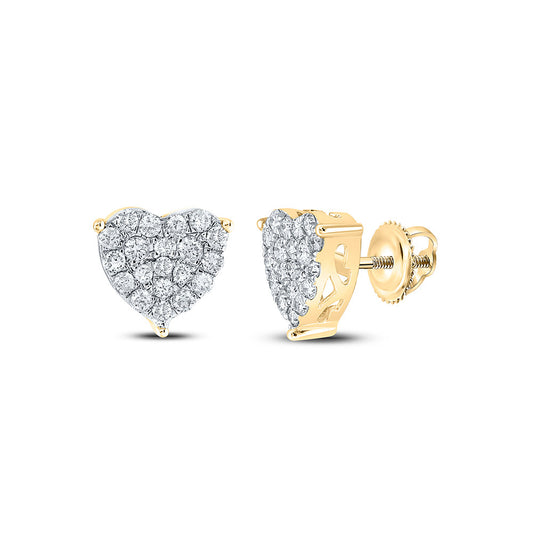 10K Yellow Gold Womens Round Diamond Heart Earrings 1 Cttw, Length: 0.41 In, Width: 0.37 In