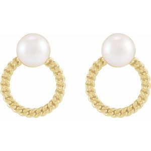 14K Yellow Gold Pearl 6 Mm Cultured Akoya Pearl And Curb Chain Earrings