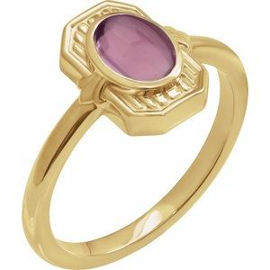 14K Yellow Gold Oval 7 X 5 Mm Polished Natural Pink Tourmaline Deco Cabochon Ring Size 7