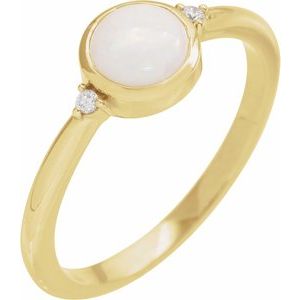 14K Yellow Gold 8 Mm Round Natural White Opal & .03 CTW Natural Diamond Bezel-Set Cabochon Ring Size 7