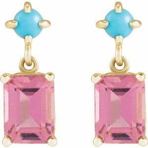 14K Yellow Gold Emerald 7 X 5 Mm Natural Pink Tourmaline And Natural Turquoise Cabochon Earrings