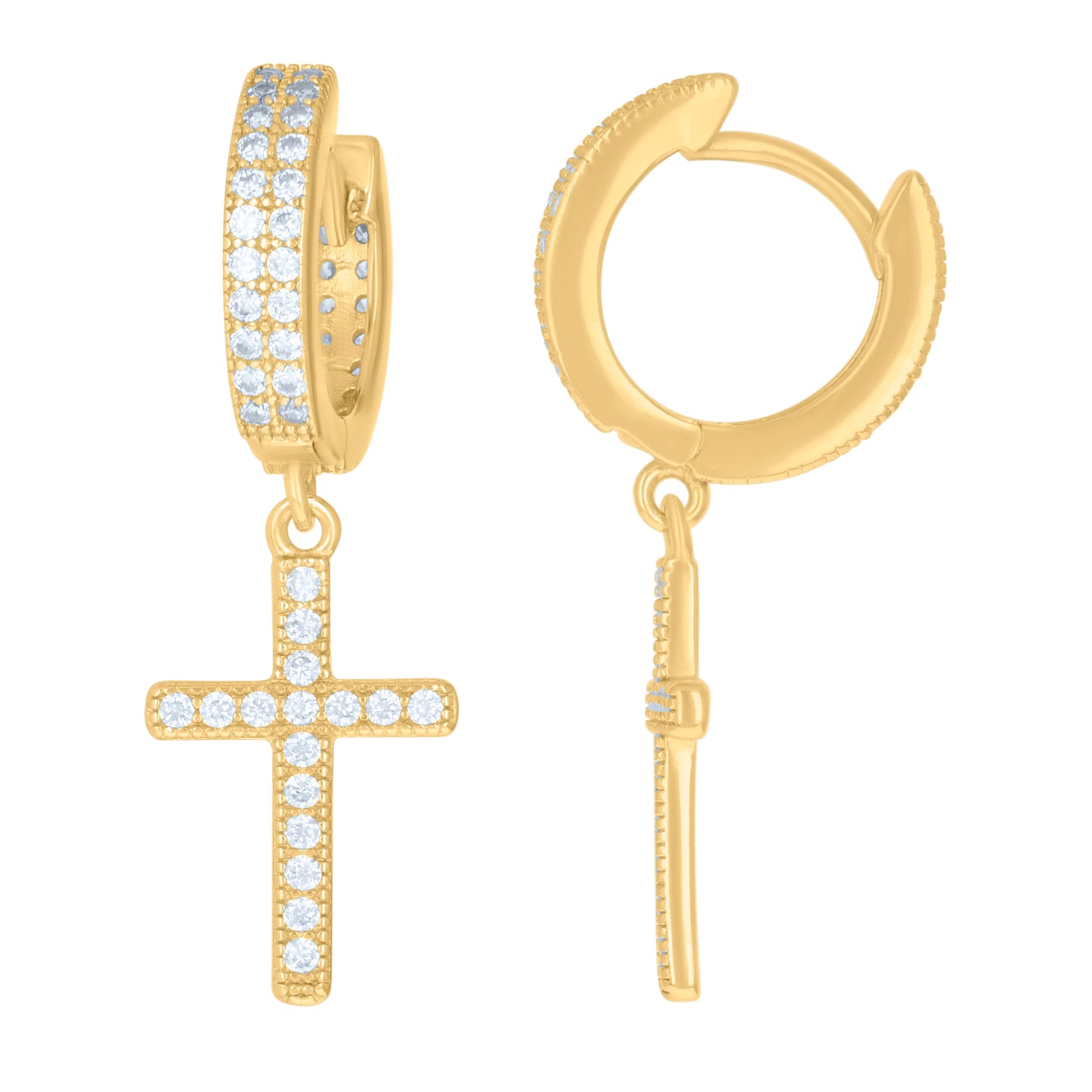 Sterling Silver Or Yellow-tone Mens Cubic-Zirconia Cross Religious Dangle Hoop Earrings
