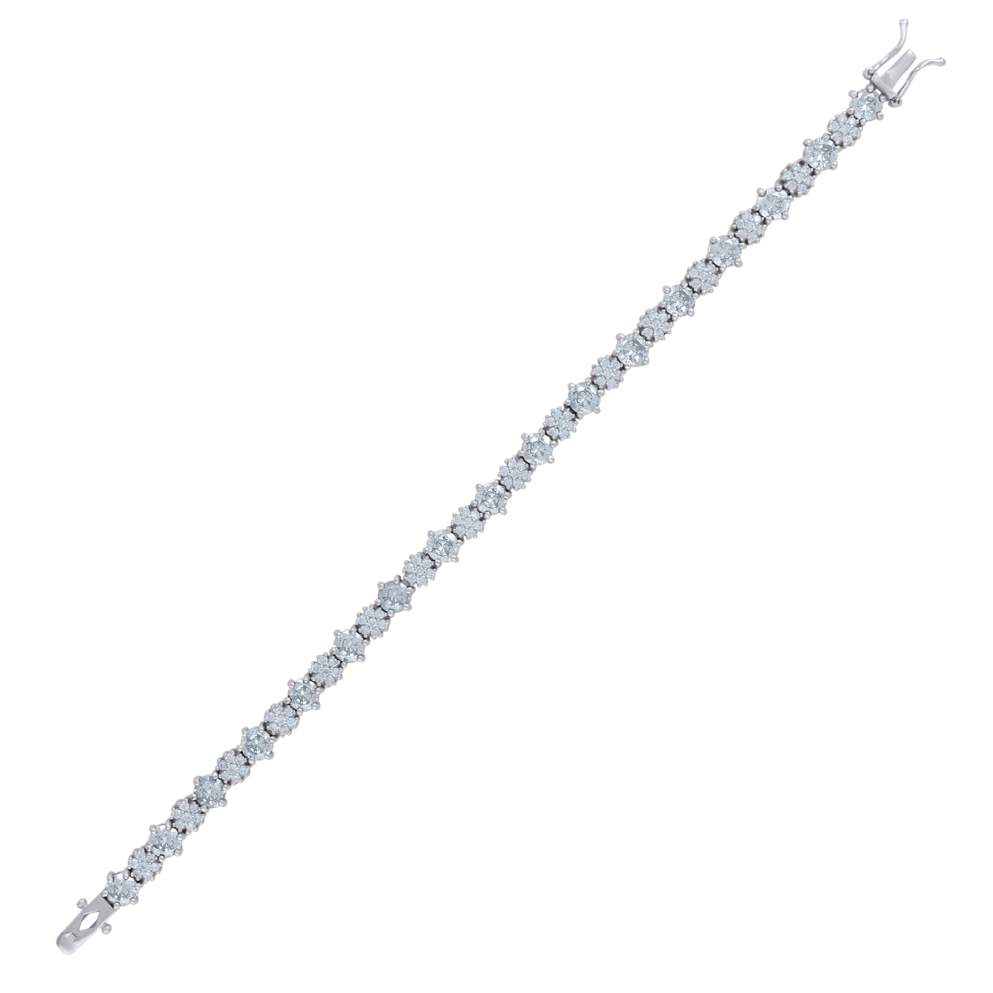 Sterling Silver Womens Cubic-Zirconia Flower Link Fashion Bracelet Size 7.5 Inches