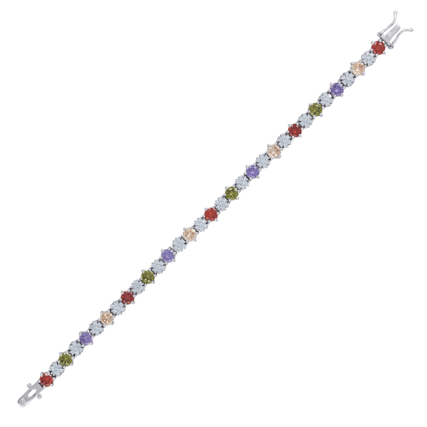 Sterling Silver Womens Cubic-Zirconia Flower Link Fashion Bracelet Size 7.5 Inches