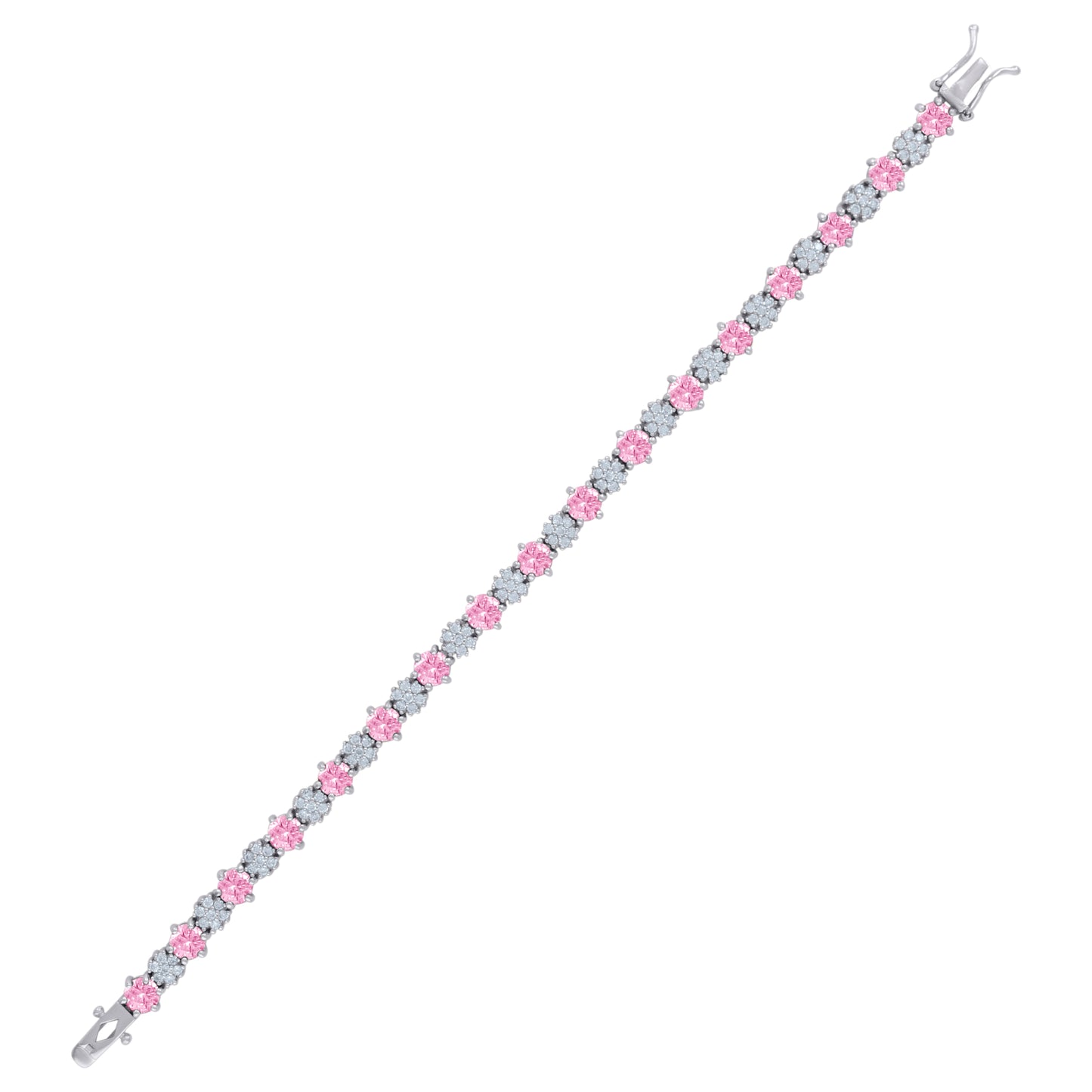 Sterling Silver Womens Cubic-Zirconia Flower Link Fashion Bracelet Size 7.5 Inches