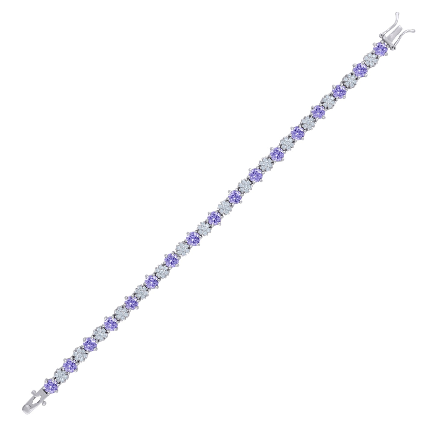 Sterling Silver Womens Cubic-Zirconia Flower Link Fashion Bracelet Size 7.5 Inches