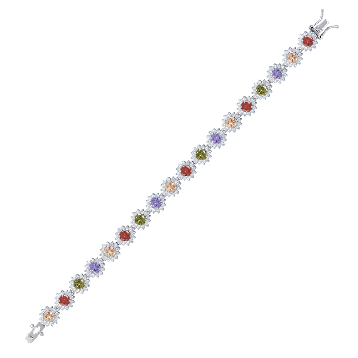 Sterling Silver Women Cubic-Zirconia Flower Link Fashion Bracelet