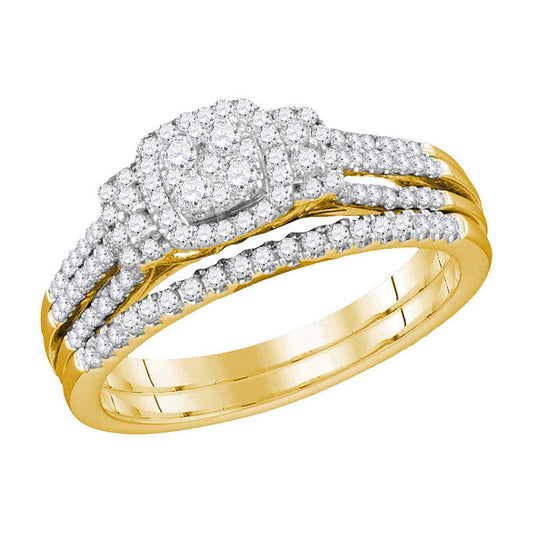 10K Yellow Gold Round Diamond Cluster Bridal Wedding Ring Band Set 1/2 Cttw, Womens Size: 5-10
