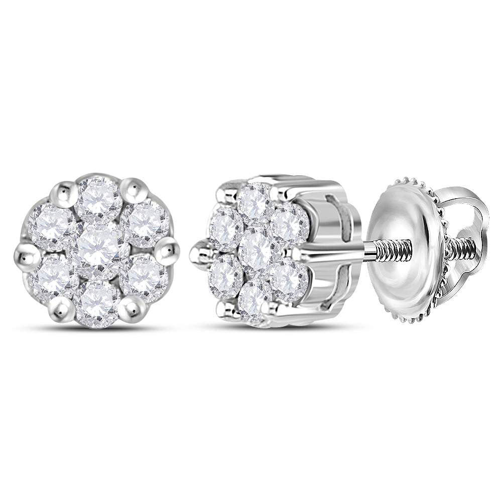 14K White Gold Womens Round Diamond Flower Cluster Earrings 1/4 Cttw, Length: 0.2 In, Width: 0.2 In