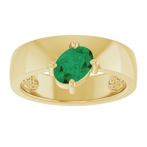 14K Yellow Gold Oval 7 X 5 Mm Polished Lab-Grown Emerald Asymmetric Solitaire Ring Size 7