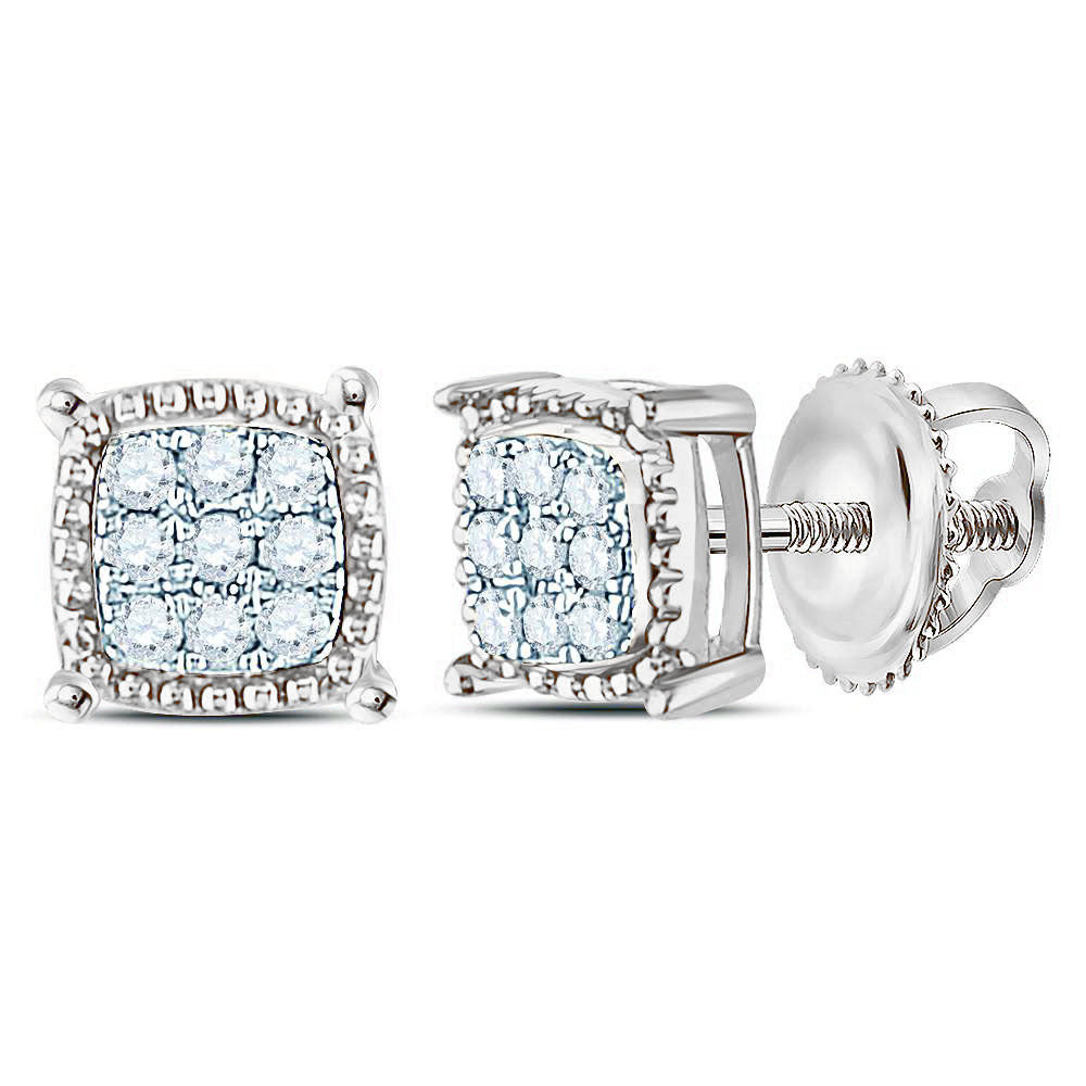 10K White Or Yellow Gold Round Diamond Square Milgrain Cluster Earrings