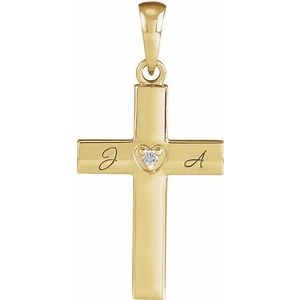 14K Yellow Gold Round 1.5Mm G-H I1 .015 Ct Natural Diamond Engravable Cross Pendant