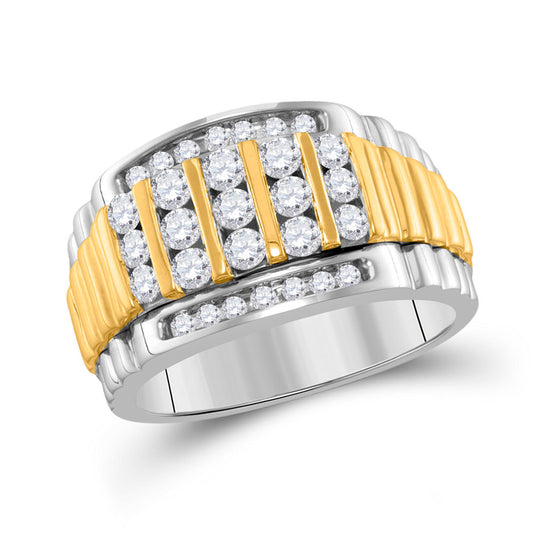 14K Two-tone White Gold Mens Round Diamond Cluster Ring Band 1 Cttw, Mens Size: 7-13
