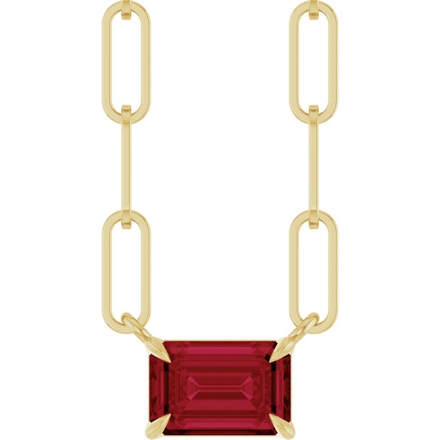 14K Yellow Gold Emerald 6 X 4 Mm 18 In Polished Lab Grown Ruby Solitaire Claw Prong Necklace