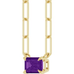 14K Yellow Gold Emerald 6 X 4 Mm Natural Amethyst Solitaire Claw Prong Necklace, Length: 18 In