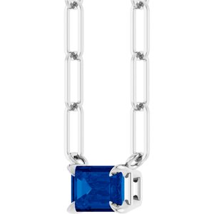 14K White Gold Emerald 6 X 4 Mm Lab-Grown Blue Sapphire Solitaire Claw Prong Necklace, Length: 18 In