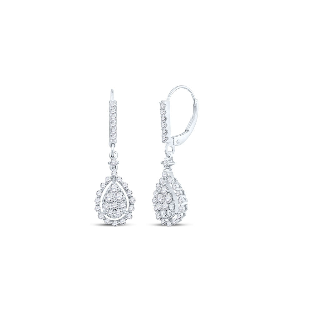 14K White Gold Womens Round Diamond Teardrop Frame Cluster Dangle Earrings 7/8 Cttw