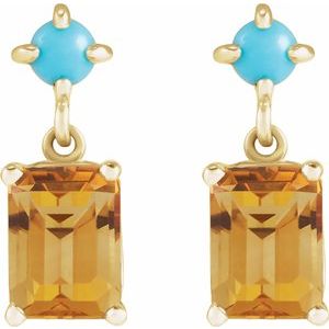 14K Yellow Gold Emerald 7 X 5 Mm Natural Citrine And Natural Turquoise Cabochon Earrings