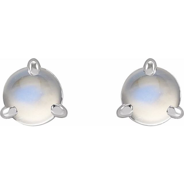 Sterling Silver Round 5 Mm Friction Back 3-Prong Polished Cabochon Natural Rainbow Moonstone Claw-Prong Earrings